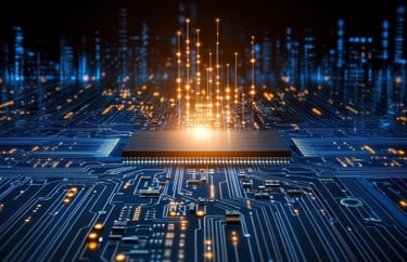 Image of high tech computer chip and board giving off a golden particle stream from the processor.