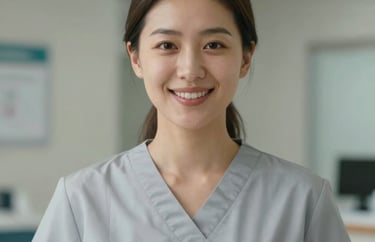 Portrait of a female assistant or practitioner in a modern healthcare setting, friendly expression, wearing professional attire in soft grey.