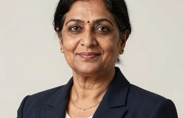 A professional studio portrait of a mature South Asian woman with a kind and reassuring expression, wearing professional attire, off-white background, soft lighting.