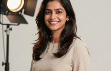 A professional studio portrait of a South Asian woman smiling warmly, wearing a smart casual outfit, set against a clean off-white background. Soft, professional three-point lighting.