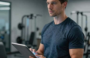 Portrait of a data analyst coach in North American / US, holding a tablet in a high-tech athletic lab, soft cool-toned lighting.