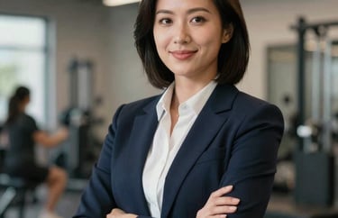 Portrait of a female operations director in North American / US, professional and approachable, athletic facility backdrop.