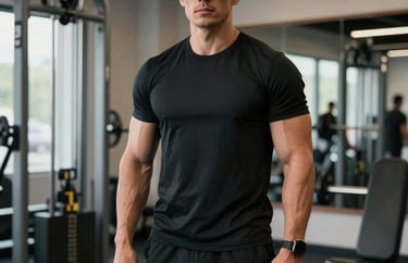 Portrait of a strength coach in North American / US, modern athletic attire, standing in a sleek gym with high-performance equipment.
