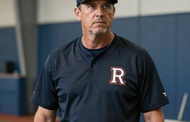 Portrait of a male pitching coach in North American / US, focused expression, standing in an indoor training facility with blue and grey equipment.