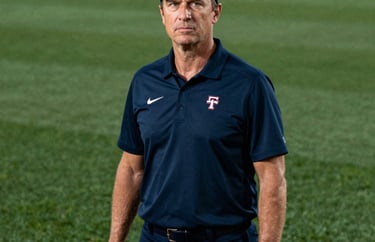 Portrait of a head softball coach in North American / US, wearing a navy team polo, standing confidently on a lush green field, professional lighting.