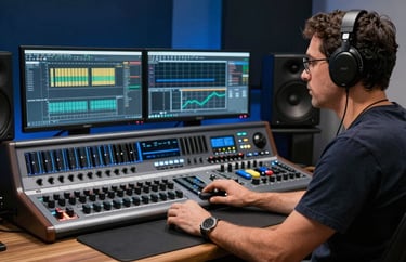 A South American / Brazilian expert in music production sitting at a workstation with dual monitors, steel blue and dark navy studio lighting.