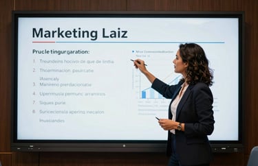 A South American / Brazilian woman presenting a marketing plan on a large screen in a boardroom, professional and elegant setting.