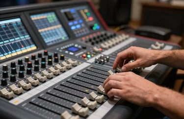 Close-up of a South American / Brazilian sound engineer's hands adjusting faders on a large digital console, professional event atmosphere.