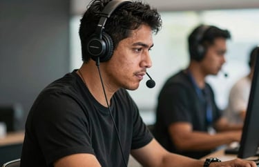 Portrait of a South American / Brazilian male event producer wearing a headset, working in a dynamic environment, professional and focused.
