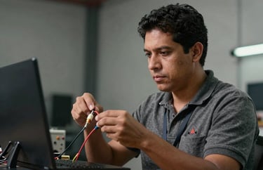 Professional portrait of a South American / Brazilian technician checking audio cables and equipment, focused expression, industrial-chic background.
