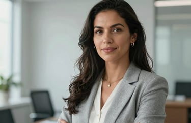 Professional portrait of a South American / Brazilian woman in business attire, creative director role, natural lighting, modern office background with light grey tones.