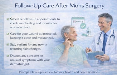 Dermatologist discussing follow-up care after Mohs surgery with patient, reviewing healing progress