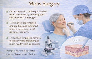 Mohs surgery procedure showing a dermatologist removing skin cancer in stages and examining tissue