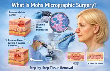 Diagram showing the step-by-step process of Mohs micrographic surgery for skin cancer removal.