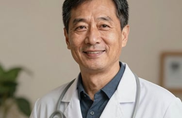 Portrait of a medical professional with a friendly expression, soft lighting, clean studio background with hints of nature and warm taupe tones.