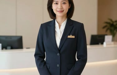 Friendly portrait of a clinic coordinator in an elegant professional outfit, standing in a welcoming beige and white reception area.