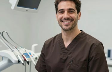 Professional photo of a male dentist, Southern European look, wearing a dark brown clinic uniform, smiling with confidence in a modern dental operatory with high-tech equipment.