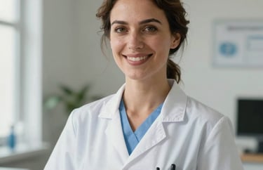 Portrait of a smiling professional woman in elegant medical uniform, Southern European / Italian style, in a professional and clean health studio environment with natural light.