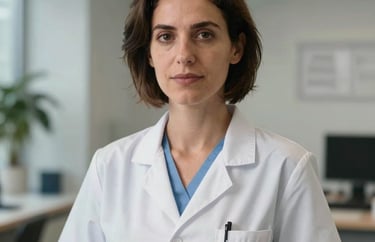 Portrait of a female health practitioner in a modern office, Southern European, wearing professional medical clothing, looking approachable and professional.