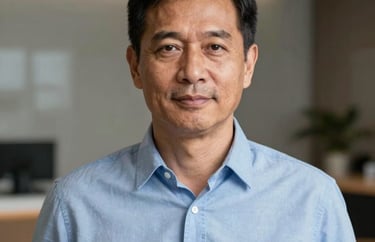 Professional portrait of a Southeast Asian man in his 50s with a kind face, wearing a sky blue shirt, modern professional background, photography.