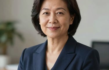 Professional portrait of a mature Southeast Asian woman with a friendly expression, wearing a tailored navy blazer, soft office lighting, photography.