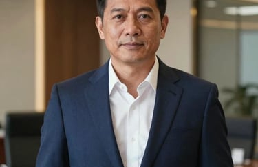 Professional portrait of a mature Southeast Asian man in a sharp suit, standing in a modern office with navy blue and gold accents, photography.