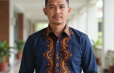 Professional portrait of a Southeast Asian man with short hair, wearing a navy blue batik shirt, confident stance in a bright hall, photography.
