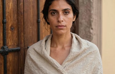 Portrait of a woman with vibrant dark eyes, wearing a simple linen wrap, standing next to an old wooden door with iron details, Latin American / Spanish setting, warm afternoon glow.