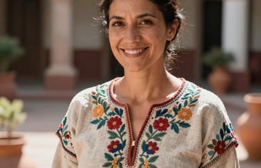 Portrait of a smiling woman with her hair pulled back, wearing an embroidered linen tunic, standing in a sun-drenched courtyard with clay pots, Latin American / Spanish setting, soft focused background.