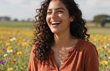 Portrait of a young woman with curly hair, wearing a terracotta-colored blouse, laughing in a sunlit field of wildflowers, Latin American / Spanish countryside, bright natural lighting.