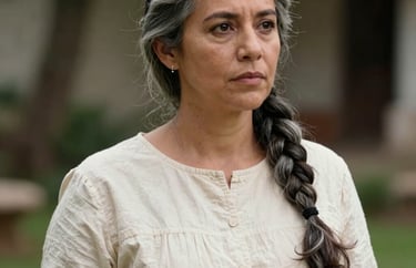 Portrait of a woman with grey-streaked hair in a braid, wearing a cream cotton dress, looking thoughtfully into the distance, outdoor garden setting, Latin American / Spanish context, soft lighting.