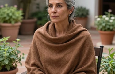 Portrait of a woman with silver hair tied in a bun, wearing a medium brown shawl, sitting in a garden chair surrounded by potted herbs, Latin American / Spanish patio, soft natural light.