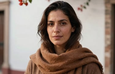 Portrait of a woman with a gentle expression, wearing a warm brown scarf, standing in front of a colonial-style white wall with bougainvillea, Latin American / Spanish atmosphere, natural afternoon light.
