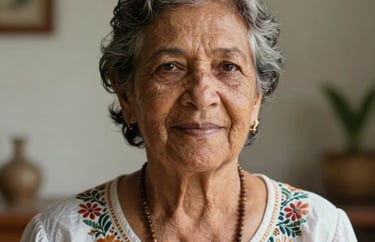 A professional portrait of an elder Brazilian woman with a kind, experienced face, in a clean and peaceful spiritual environment, South American style.