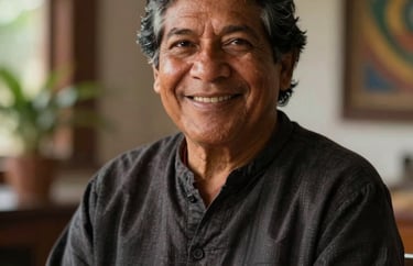 A professional portrait of a South American spiritual advisor in modest dark attire, smiling warmly with a background of a blurred Brazilian interior. Soft lighting.