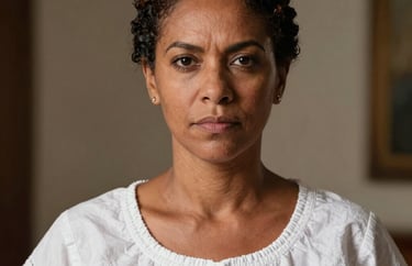 A professional headshot of a Brazilian woman with a serious and supportive expression, wearing elegant and simple traditional white clothing, South American setting.