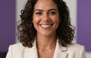 Portrait of a Brazilian woman with a supportive smile, in a professional setting with soft off-white and purple colors. South American / Brazilian aesthetics.