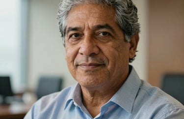 A portrait of a South American man with graying hair, looking confident and experienced, in a professional and discreet Brazilian office setting.