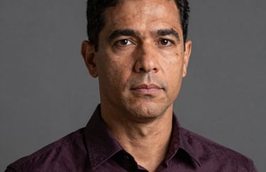Headshot of a serious and professional Brazilian man in a dark purple shirt, looking at the camera with empathy and strength. South American context.