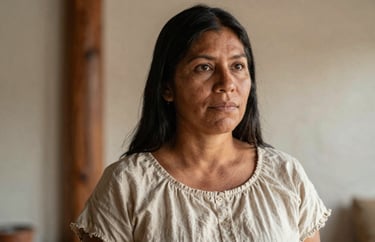 A serene headshot of a South American doula wearing a soft cotton dress, standing in a room with natural wood and linen textures, soft lighting.