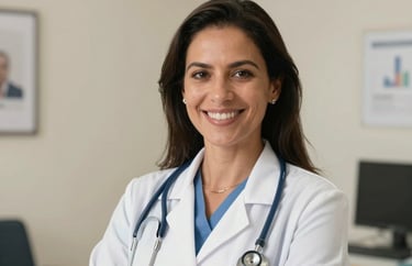Professional headshot of a South American female doctor with a stethoscope around her neck, smiling warmly, cream-colored wall in a bright Brazilian medical office.