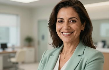 Professional headshot of a smiling South American woman in her 40s, wearing professional attire in soft sage green, blurred background of a modern well-lit clinic.