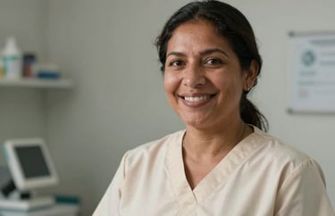 A professional headshot of a South American midwife with a warm smile, wearing a cream scrub top, standing in a professional clinic environment.