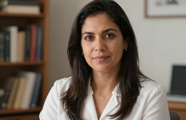 Professional headshot of a South American woman in her 30s, a perinatal psychologist, sitting in a cozy office with books and soft lighting.
