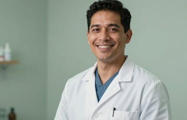 A professional headshot of a South American male physical therapist, smiling, wearing a clinical white coat, background of a soft sage green clinic wall.