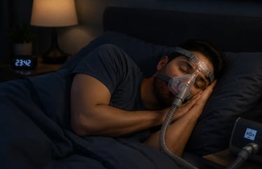 A man sleeping in bed wearing a CPAP mask for sleep apnea therapy.
