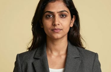 Professional studio portrait of a South Asian / Indian woman in business attire, looking confident and kind against a light yellow background.