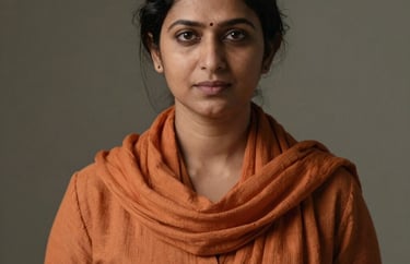 Professional studio portrait of a South Asian / Indian woman wearing a stylish orange scarf, conveying warmth and expertise.
