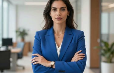 Portrait of a Brazilian female executive in a medium blue suit, standing confidently with arms crossed in a bright, modern corporate hallway, high contrast, professional photography.