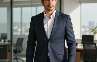 Professional portrait of a Brazilian executive man in a tailored dark navy blue suit, standing in a bright glass-walled office, modern professional style, warm South American sunlight.